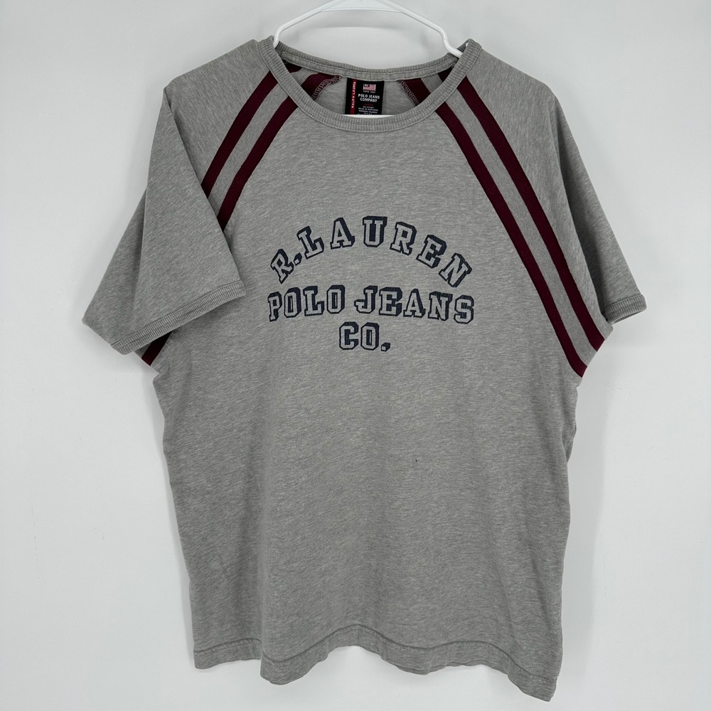 Vintage Ralph Lauren Polo Jeans Mens Large Gray Raglan Shirt Burgundy Stripe